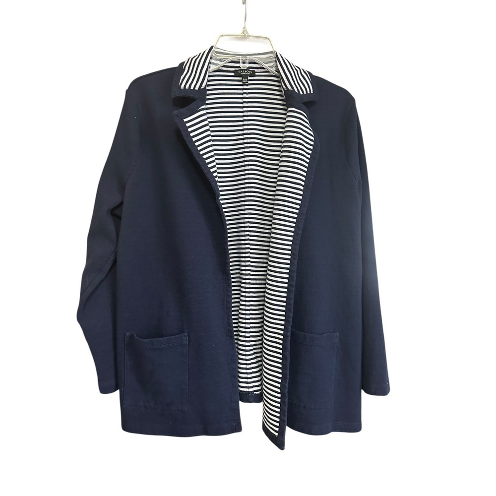 Talbots Navy Blue Striped Open Front Blazer Jacket 2X Petite Coastal Nautical